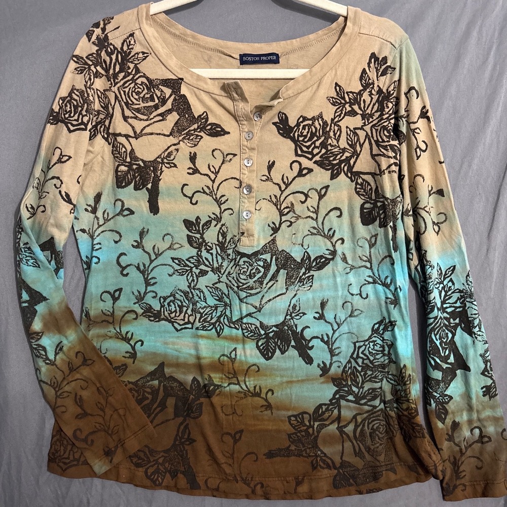 Boston Proper Henley Top L Boho Floral Rose Ombre Dark Forest Fairy Y2K Whimsy